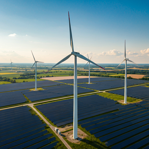 Aerial view of wind turbines and solar fields